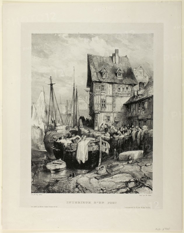 Interior of a Port, plate five from Six Marines, 1833, Eugène Isabey (French, 1803-1886), printed by Charles Étienne Pierre Motte (French, 1785-1836), France, Lithograph in black on light gray China paper, laid down on ivory wove paper, 309 × 235 mm (image), 359 × 276 mm (primary support), 441 × 347 mm (secondary support)