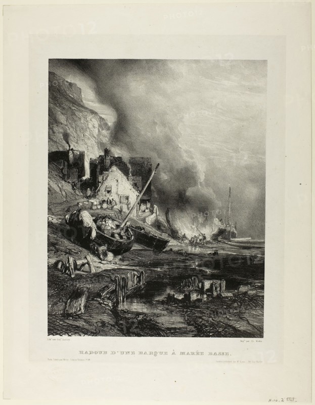 Repair of a Ship at Low Tide, plate four from Six Marines, 1833, Eugène Isabey (French, 1803-1886), printed by Charles Étienne Pierre Motte (French, 1785-1836), France, Lithograph in black on ivory China paper laid down on ivory wove paper, 312 × 243 mm (image), 369 × 287 mm (chine), 448 × 349 mm (sheet)