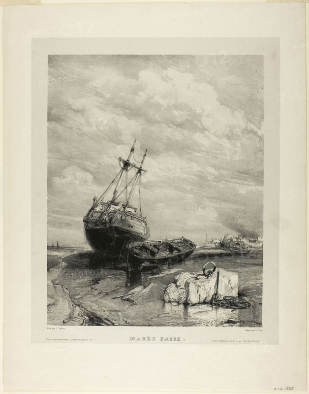 Low Tide, plate six from Six Marines, 1833, Eugène Isabey (French, 1803-1886), printed by Charles Étienne Pierre Motte (French, 1785-1836), France, Lithograph in black on light gray China paper laid down on ivory wove paper, 310 × 246 mm (image), 350 × 283 mm (chine), 442.5 × 347 mm (sheet)