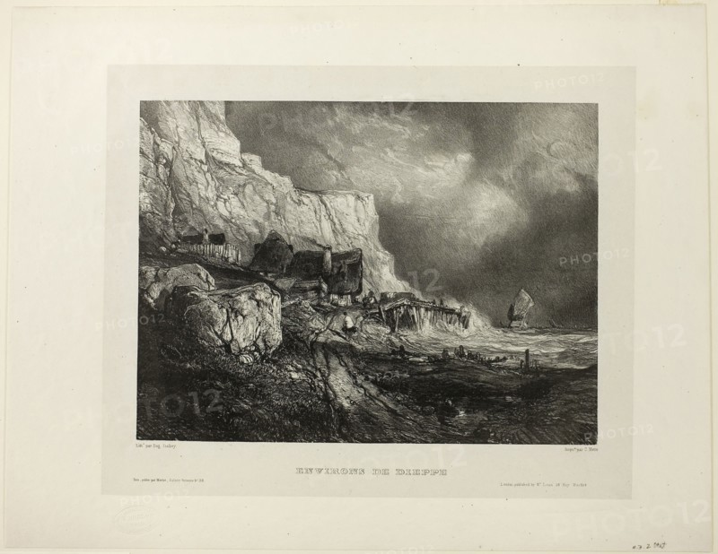 Near Dieppe, plate one from Six Marines, 1833, Eugène Isabey (French, 1803-1886), printed by Charles Étienne Pierre Motte (French, 1785-1836), France, Lithograph in black on light gray China paper, laid down on ivory wove paper, 212 × 286 mm (image), 268 × 330 mm (primary support), 339 × 447 mm (secondary support)