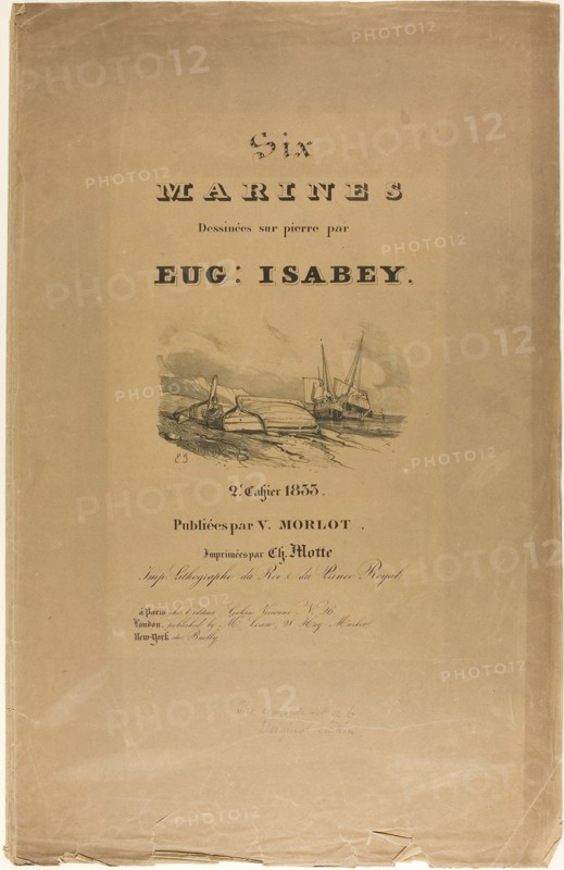 Portfolio Cover, for Six Marines, 1833, Eugène Isabey (French, 1803-1886), printed by Charles Étienne Pierre Motte (French, 1785-1836), France, Bi-fold portfolio cover with lithograph image and text on brown wove paper, 604 × 390 mm