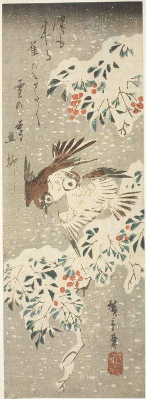 Sparrows Flitting about Snow-covered Nandina as More Snow Falls, c. 1840, Utagawa Hiroshige ?? ??, Japanese, 1797–1858, Japan, Color woodblock print, chu-tanzaku, 32 x 11.2 cm