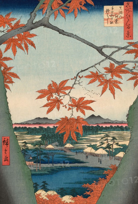 Maple Trees at Mama, Tekona Shrine and Tsugi Bridge (Mama no momiji, Tekona no yashiro, Tsugihashi), from the series One Hundred Famous Views of Edo (Meisho Edo hyakkei), 1857, Utagawa Hiroshige ?? ??, Japanese, 1797-1858, Japan, Color woodblock print, oban, 36.1 x 24.4 cm (14 1/4 x 9 9/16 in.)