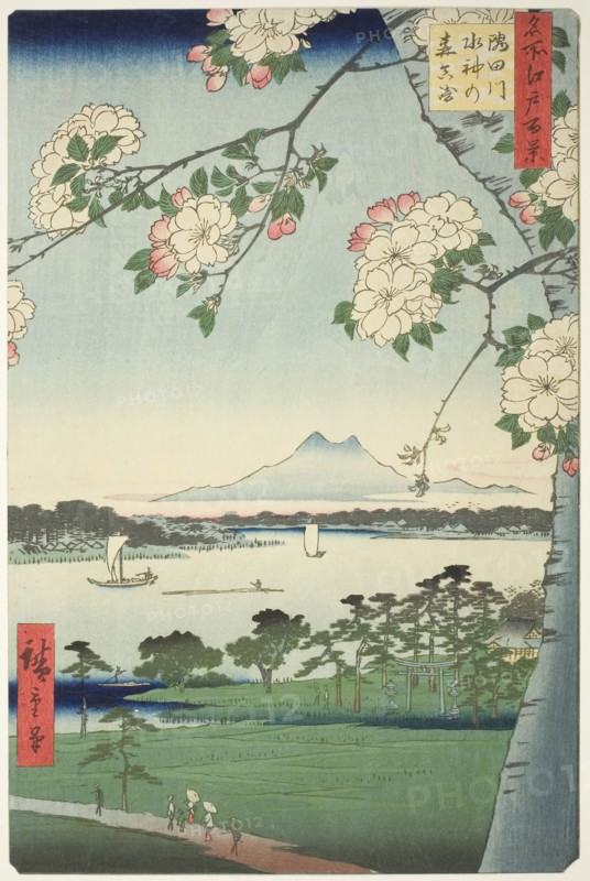 Suijin Shrine and Massaki on the Sumida River (Sumidagawa Suijin no mori Massaki), from the series One Hundred Famous Views of Edo (Meisho Edo hyakkei), 1856, Utagawa Hiroshige ?? ??, Japanese, 1797-1858, Japan, Color woodblock print, oban, 33.4 x 22 cm (13 1/8 x 8 11/16 in.)