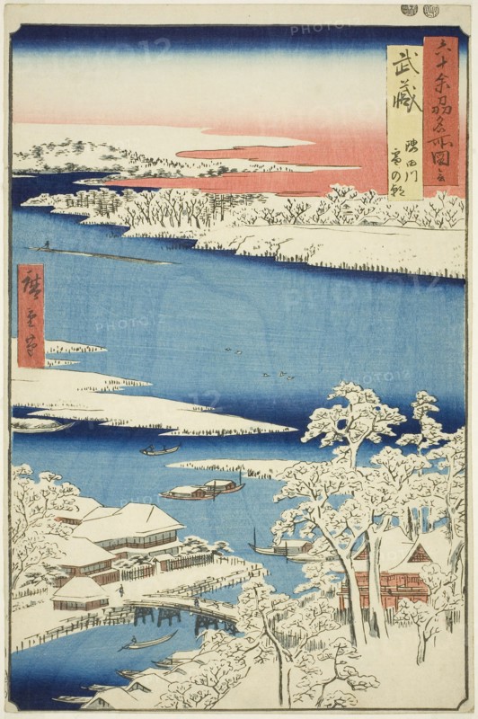 Musashi Province: Morning after Snow on the Sumida River (Musashi, Sumidagawa yuki no ashita), from the series Famous Places in the Sixty-odd Provinces (Rokujuyoshu meisho zue), 1853, Utagawa Hiroshige ?? ??, Japanese, 1797-1858, Japan, Color woodblock print, oban