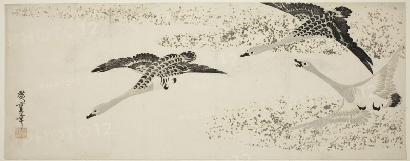 Descending Geese, c. 1830, Utagawa Hiroshige ?? ??, Japanese, 1797-1858, Japan, Woodblock print, nagaban, surimono, 7 5/8 x 19 3/8 in.