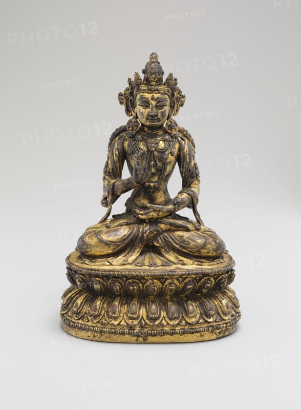 One of the Five Celestial Buddhas, Seated with Hands in Gestures of Meditation (Dhyanamudra) and Reassurance (Abhaymudra), Ming dynasty (1368–1644), Yongle period (1403–24), China, Gilt copper alloy, 18 × 12.3 × 9.3 cm (7 1/8 × 4 7/8 × 3 5/8 in.)