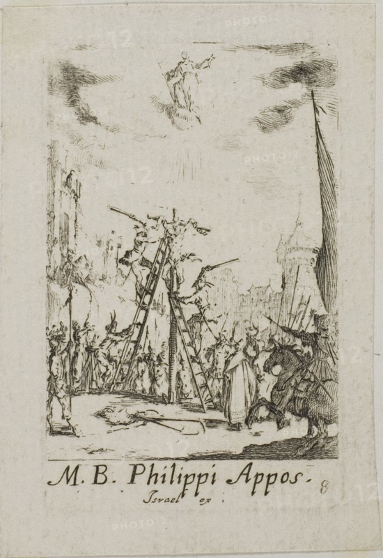 Martyrdom of Saint Phillip, plate eight from The Martyrdoms of the Apostles, n.d., Jacques Callot, French, 1592-1635, France, Etching on paper, 70 × 45 mm (plate), 80 × 60 mm (sheet)