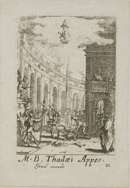 Martyrdom of Saint Thaddeus, plate twelve from The Martyrdoms of the Apostles, n.d., Jacques Callot, French, 1592-1635, France, Etching on paper, 70 × 45 mm (plate), 80 × 60 mm (sheet)