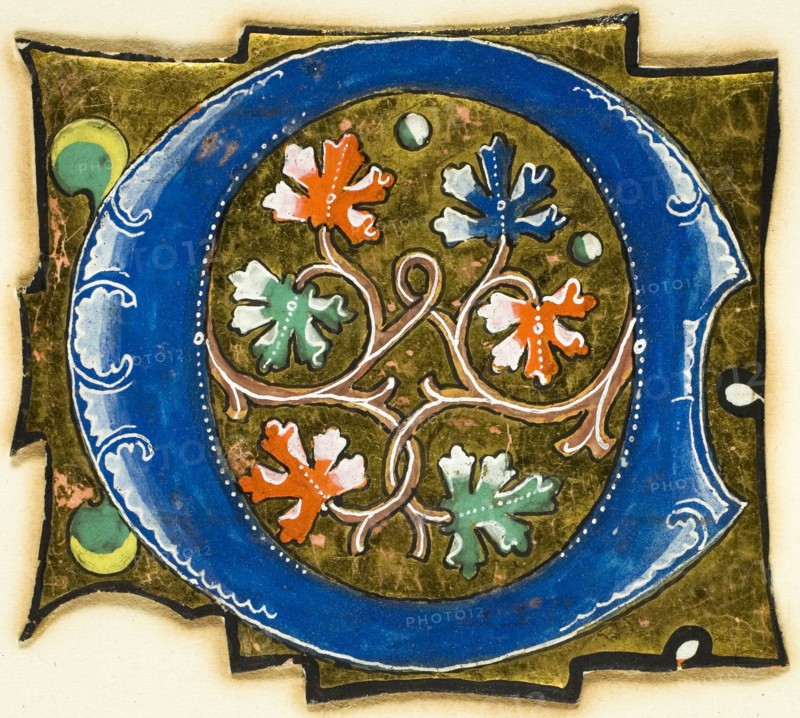 Decorated Initial O with Six Oak Leaves and Two Balls, 14th century or modern, c. 1920, European, Europe, Manuscript cutting in tempera and gold leaf on vellum, 59 × 66 mm