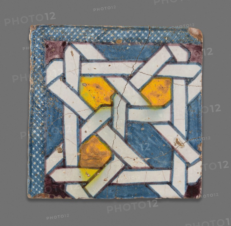 Square Tile, Late 19th century, Morocco, Morocco, Poychrome pigment applied over opaque white glaze, 11.7 × 11.7 × 2.2 cm (4 9/16 × 4  9/16 × 15/16 in.)