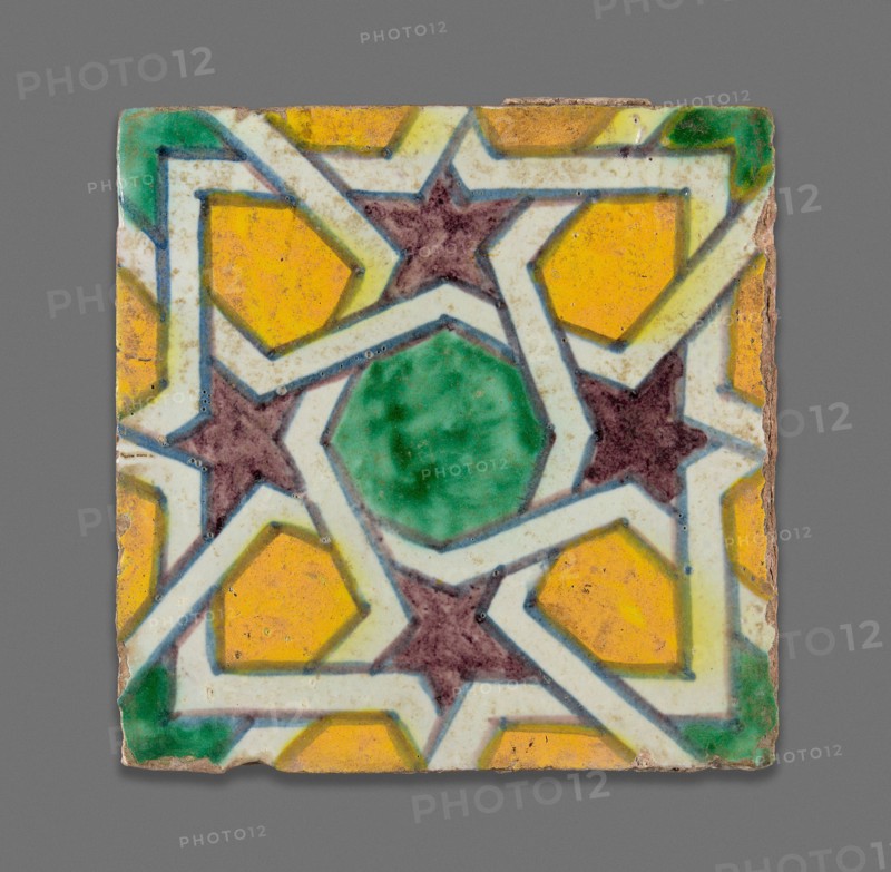 Square Tile, Late 19th century, Morocco, Morocco, Polychrome pigment applied over opaque white glaze, 11.8 cm × 11.6 cm × 2.2 cm (4 5/8 in. × 4  9/16 in. × 7/8 in.)