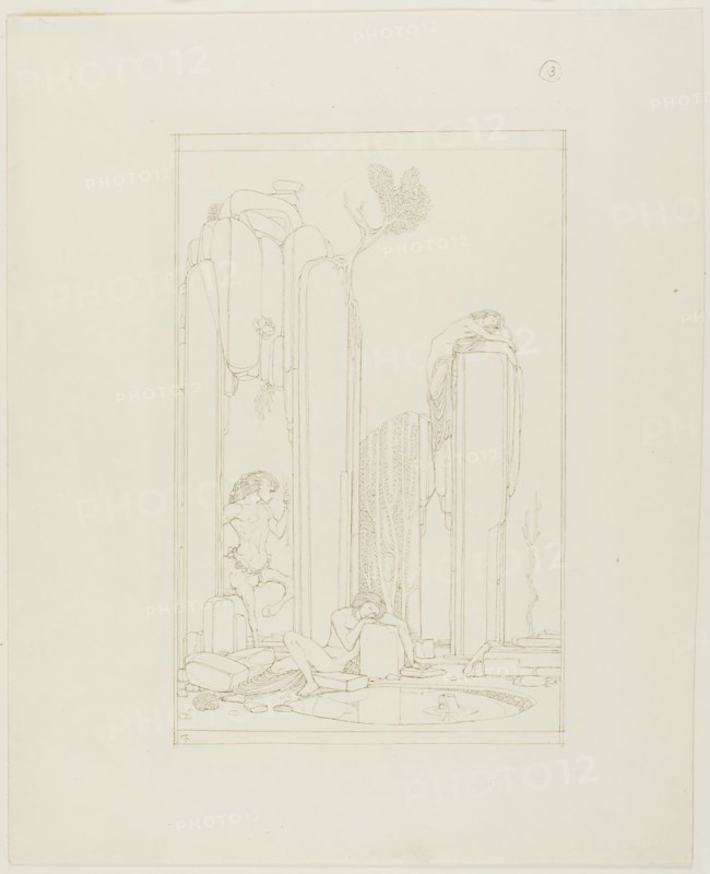 Centaur, Two Figures, and Ruins, c. 1890–1900, Charles Ricketts, English, 1866-1931, England, Pen and brown ink over traces of graphite, on ivory wove paper, 322 × 262 mm
