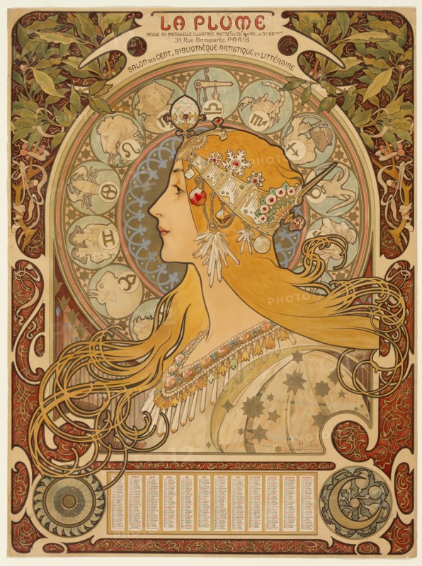 Zodiaque (La Plume), 1896–97, Alphonse Marie Mucha, Czech, 1860-1939, Czech Republic, Color lithograph from multiple stones on tan wove paper, 630 × 470 mm