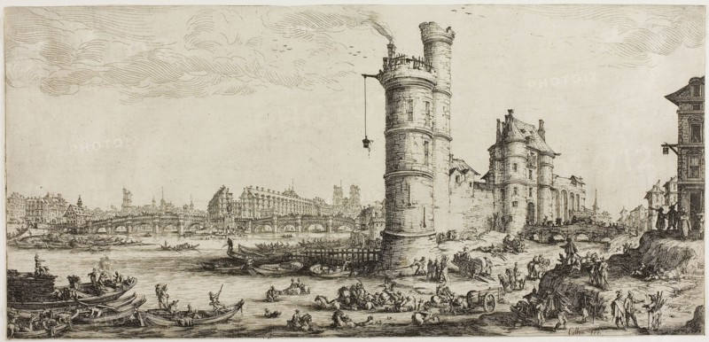 View of the Pont Neuf, 1630–35, Jacques Callot, French, 1592-1635, France, Etching on paper, 157 × 332 mm (sheet, plate trimmed)