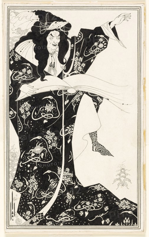 Virgilius the Sorcerer, c. 1893, Aubrey Vincent Beardsley, English, 1872-1898, England, Pen and brush and black ink, over traces of graphite, on ivory wove paper, laid down on board, 233 × 143 mm