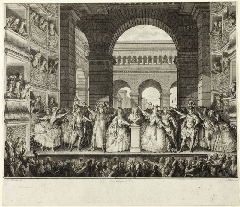 Crowning of Voltaire, 1778–82, Charles-Etienne Gaucher (French, 1741-1804), after Jean Michel Moreau (French, 1741-1814), France, Etching and engraving on paper, 177 × 235 mm (image), 207 × 237 mm (sheet)