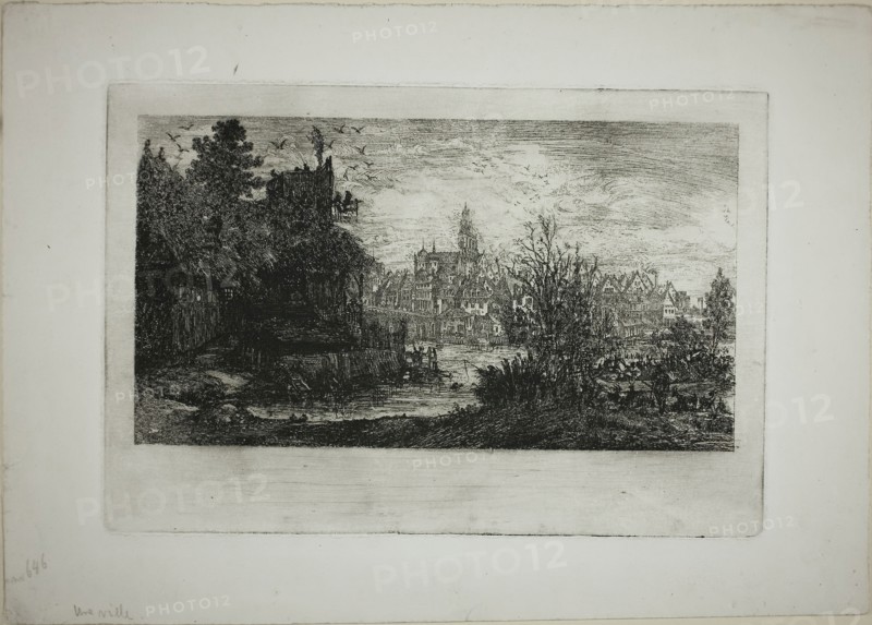City with Stone Bridge, 1865, Rodolphe Bresdin, French, 1825-1885, France, Etching on white wove paper, 119 × 217 mm (image), 162 × 238 mm (plate), 220 × 312 mm (sheet)