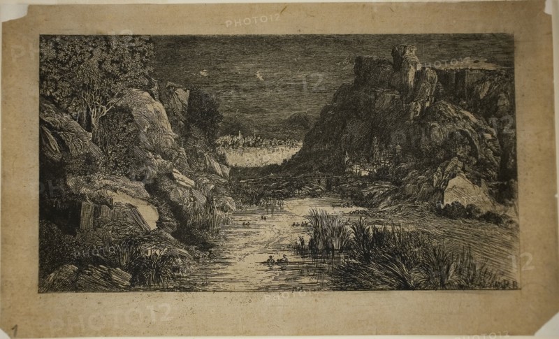 The Distant City, 1868, Rodolphe Bresdin, French, 1825-1885, France, Etching on tan chine, 97 × 181 mm (image), 127 × 208 mm (sheet)