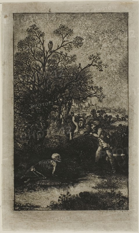 Hunters Surprised by Death, 1857, Rodolphe Bresdin, French, 1825-1885, France, Etching on light gray chine, 108 × 64 mm (image), 126 × 75 mm (sheet)