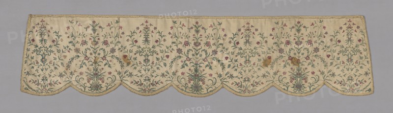 Valance, 18th century, England, Cotton, twill weave, embroidered, 40.3 × 175.3 cm (15 7/8 × 69 in.)