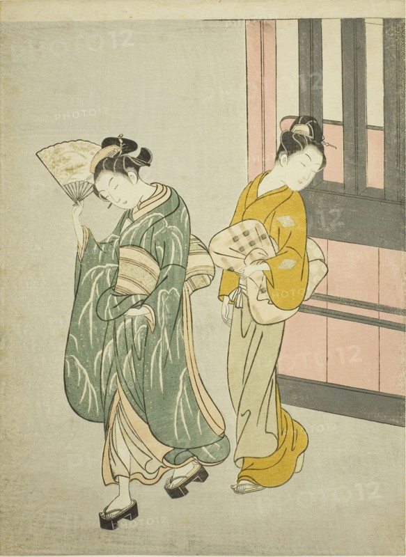 Clearing Breeze from a Fan (Ogi no seiran), from the series Eight Views of the Parlor (Zashiki hakkei), c. 1766, Suzuki Harunobu ?? ??, Japanese, 1725 (?)-1770, Japan, Color woodblock print, chuban, 11 1/8 x 8 1/2 in.