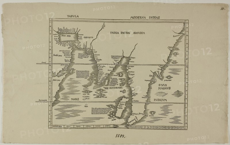 Tabula Moderna Indiae, 1513, reprinted 1889, Unknown Artist, English, 19th century, England, Woodcut in black on cream laid paper, 219 × 347 mm