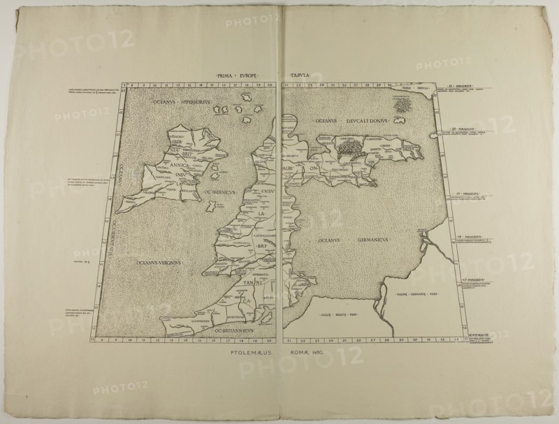 Prima Europe Tabula: Ptolemaeus Romae 1490, 1490, reprinted 1889, Unknown Artist, English, 19th century, England, Woodcut in black on cream laid paper