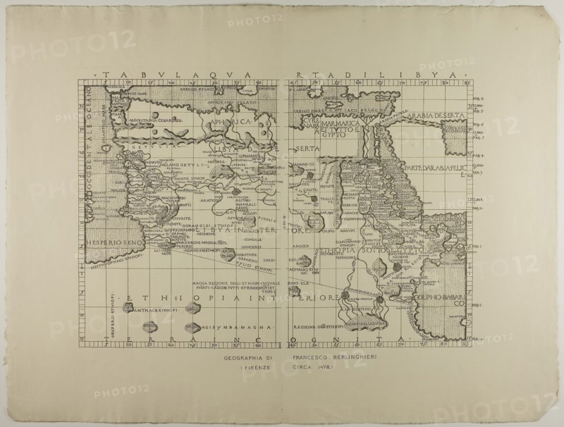 Map of Libya, the Middle East and North Africa, 1478, reprinted 1889, Unknown Artist (English, 19th century), reproduction after a map by Francesco Berlinghieri (Italian, 1440-1501), Italy, Lithograph on cream laid paper, 512 x 685 mm