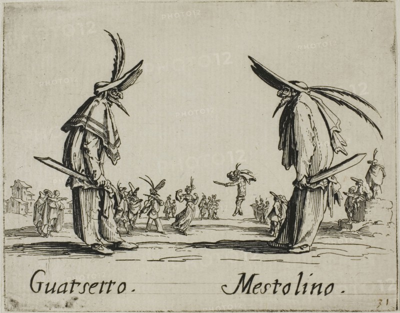 Scaramucia, Fricasso, from Balli di Sfessania, c. 1622, Jacques Callot, French, 1592-1635, France, Etching and engraving on paper, 70 × 92 mm
