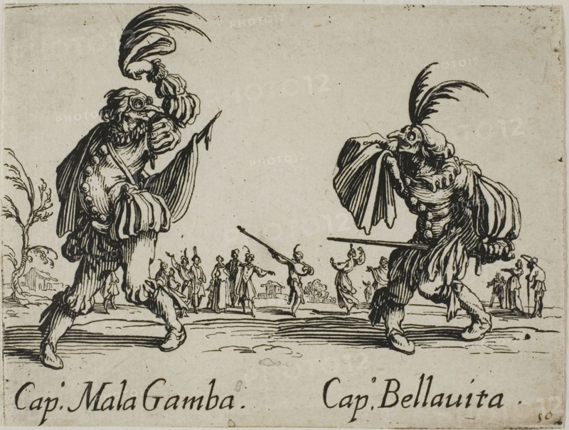 Cap. Bonbardon, Cap. Grillo, from Balli di Sfessania, c. 1622, Jacques Callot, French, 1592-1635, France, Etching and engraving on paper, 70 × 92 mm