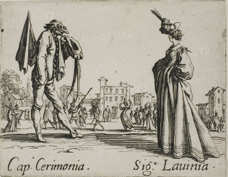 Smaraolo Cornuto and Ratsa di Boio, rom Balli di Sfessania, c. 1622, Jacques Callot, French, 1592-1635, France, Etching and engraving on paper, 70 × 92 mm