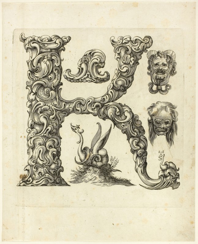 Letter K, 1630, Peter Aubry, German, 1596-1668, Germany, Engraving on paper, 260 x 210 mm