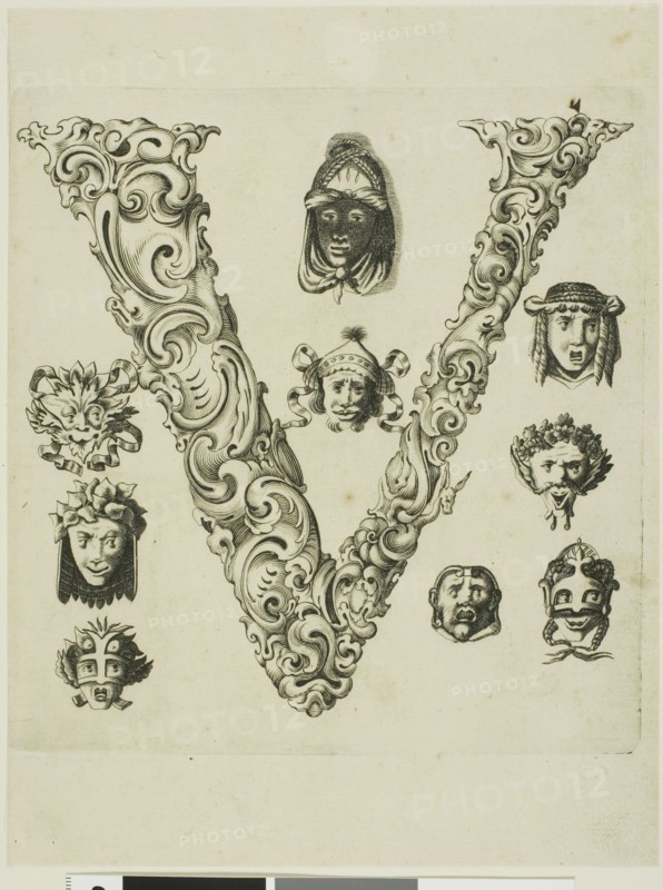 Letter V, 1630, Peter Aubry, German, 1596-1668, Germany, Engraving on paper, 239 x 181 mm