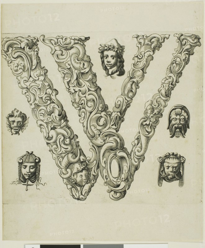 Letter W, 1630, Peter Aubry, German, 1596-1668, Germany, Engraving on paper, 235 x 198 mm