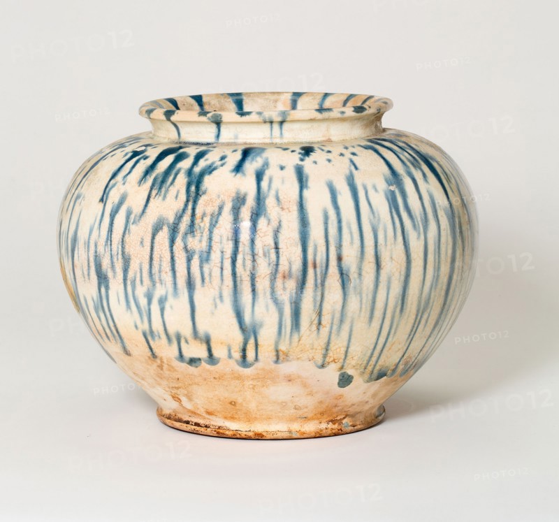 Globular Jar, Tang dynasty (618–906), first half of 8th century, China, Slip-coated earthenware with blue streaks, H. 16.3 cm (6 7/16 in.), diam. 21.5 cm (8 7/16 in.)