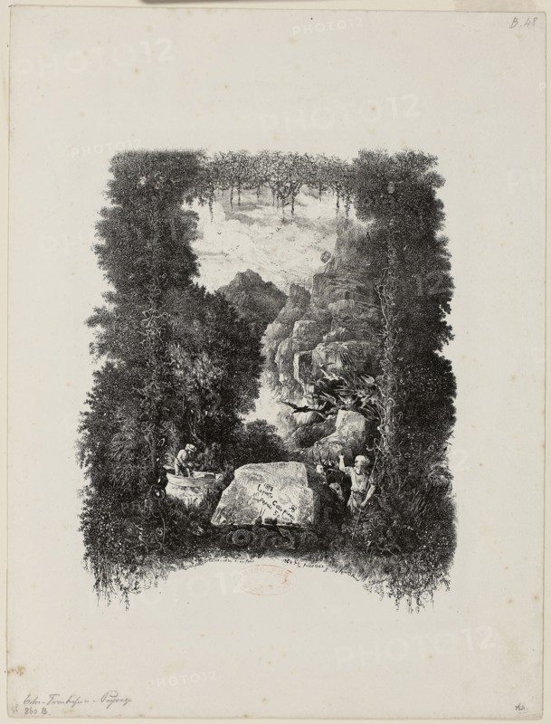 Frontispiece for Fables and Tales by Hippolyte de Thierry-Faletans, 1868, Rodolphe Bresdin, French, 1825-1885, France, Lithograph (etching transfer) on white wove paper, 230 × 200 mm (image), 360 × 273 mm (sheet)