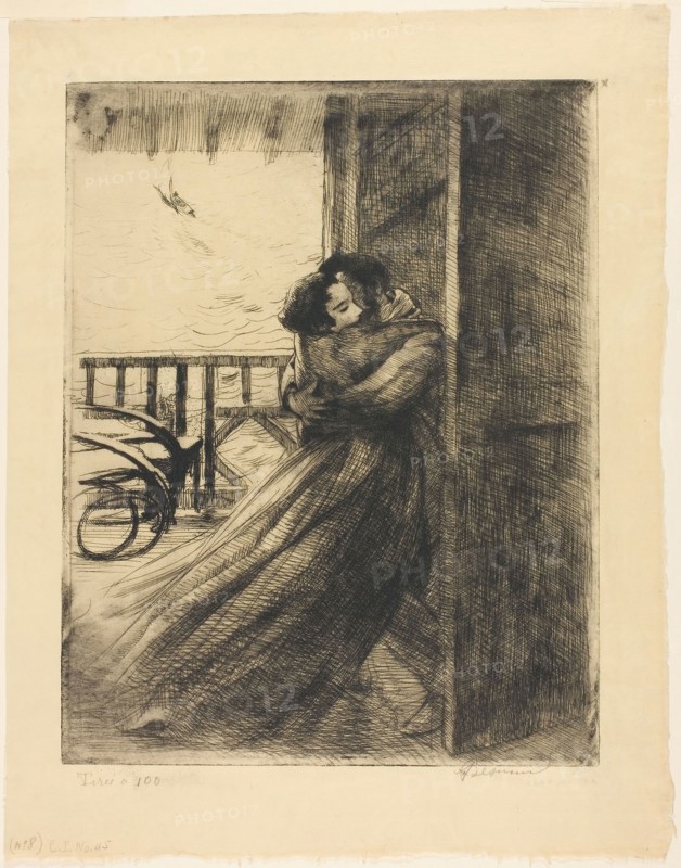 Love, plate two from Woman, c. 1886, Albert Besnard, French, 1849-1934, France, Etching, drypoint and retroussage inking in black ink on cream Japanese paper, 317 × 248 mm (image/plate), 395 × 310 mm (sheet)
