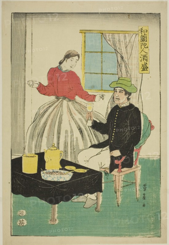 Dutch Couple Drinking Wine (Orandajin sakamori), 1861, Utagawa Yoshikazu, Japanese, active c. 1850–70, Japan, Color woodblock print