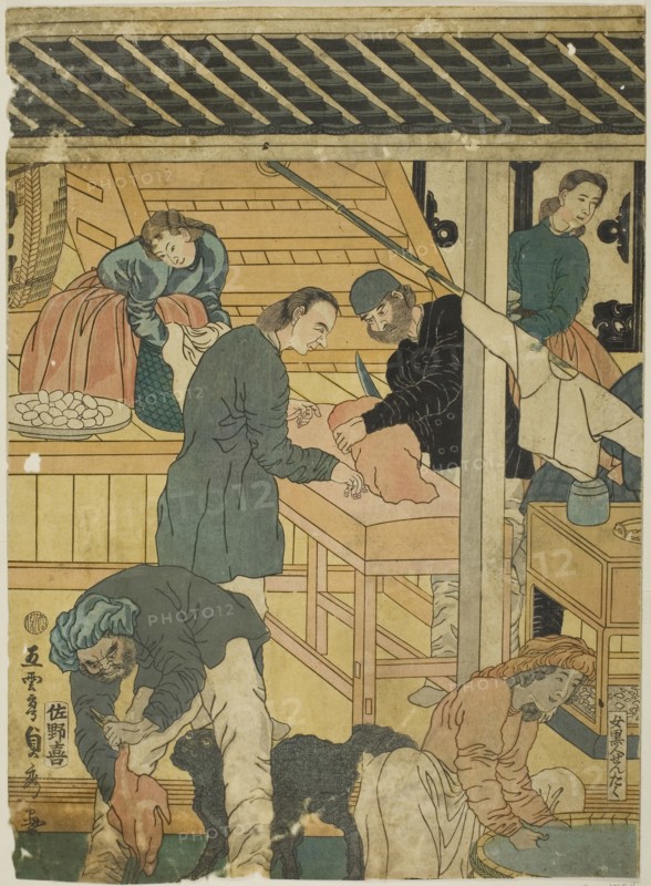 Sales Room at a Foreign Merchant Shop in Yokohama (Yokohama ijin shokan uriba no zu), 1861, Utagawa Sadahide, Japanese, 1807-1873, Japan, Color woodblock print, right sheet of oban triptych