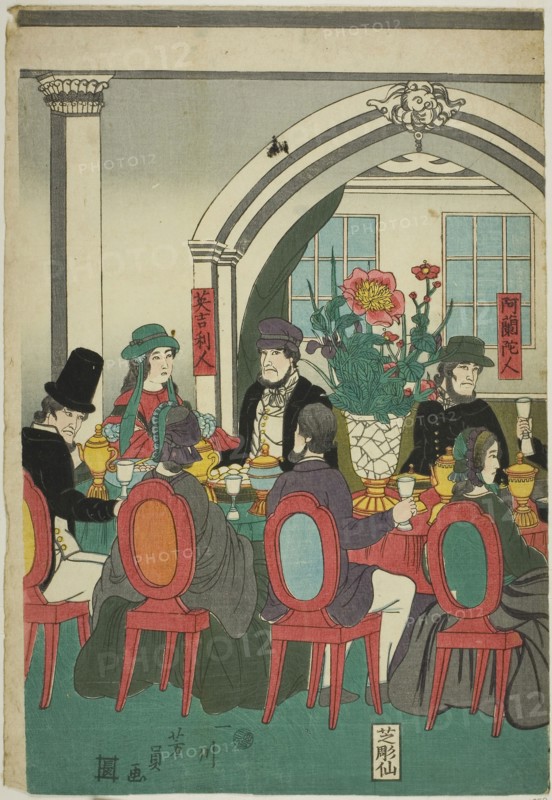 Foreigners from Five Nations at a Banquet (Gokakoku ijin shuen no zu), 1861, Utagawa Yoshikazu, Japanese, active c. 1850-70, Japan, Color woodblock print, center sheet of oban triptych