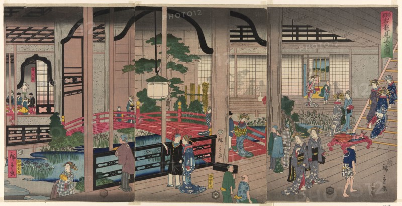 The Interior of the Gankiro in Yokohama (Yokohama Gankiro mikomi no zu), 1860, Utagawa Hiroshige II (Shigenobu), Japanese, 1826-1869, Japan, Color woodblock print, oban triptych