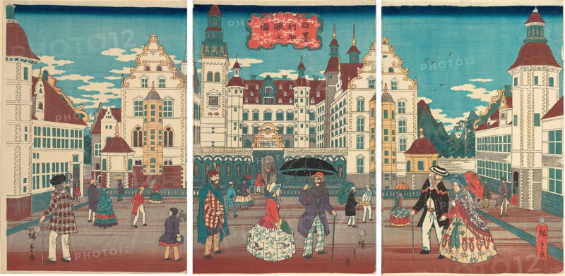 A Picture of Prosperity: America (Amerika shin no zu), 1861, Utagawa Hiroshige II (Shigenobu), Japanese, 1826-1869, Japan, Color woodblock print, oban triptych, 37.2 x 75.2 cm
