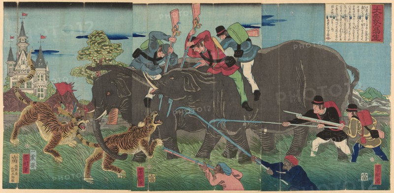 True Image of a Giant Elephant (Taizo shasei), 1863, Utagawa Yoshikata, Japanese, active c. 1841–64, Japan, Color woodblock print, oban triptych