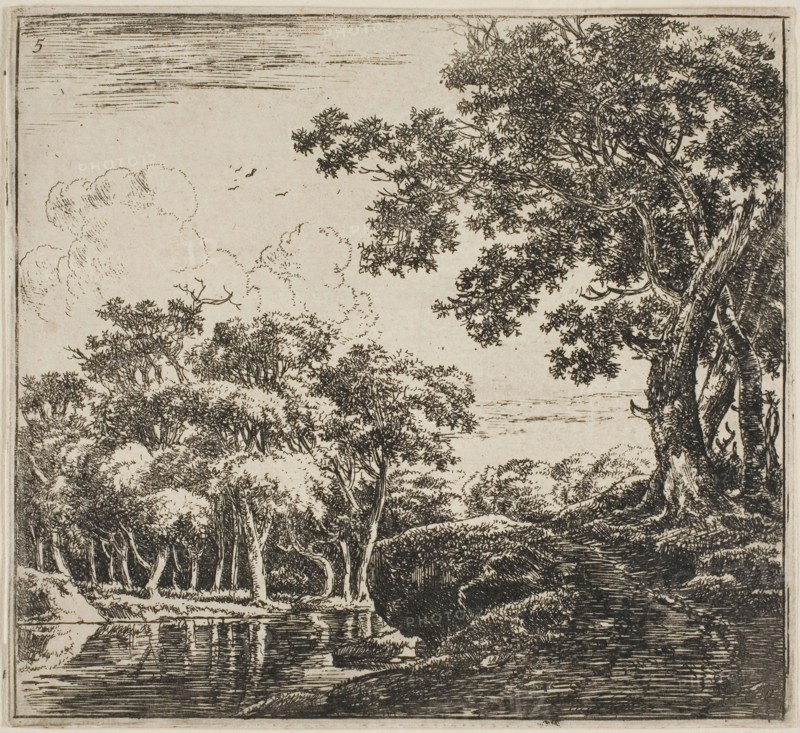 Three Large Trees on a Hill, plate five from Set of Landscapes, 1640/51, Herman Naijwincx, Dutch, 1624-1651, Netherlands, Etching on ivory laid paper, 116 x 127 mm (image), 119 x 131 mm (sheet)