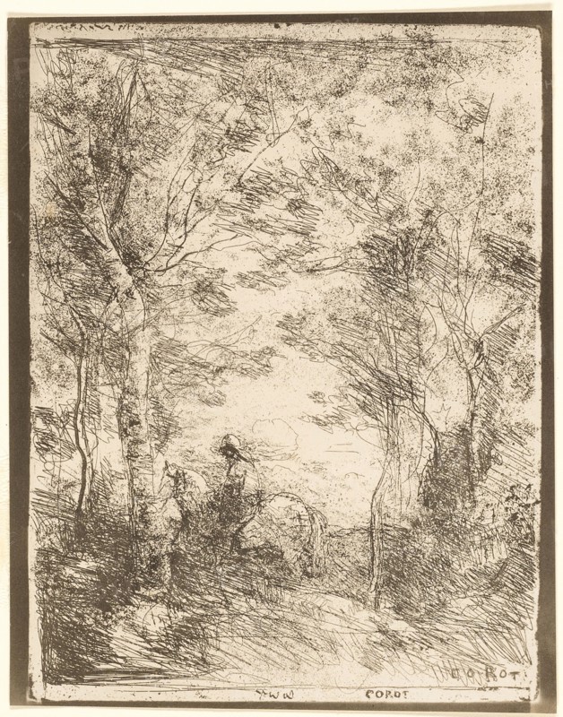 The Rider in the Woods, small plate, 1854, Jean-Baptiste-Camille Corot, French, 1796-1875, France, Cliché-verre on ivory photographic paper, 189 × 148 mm (image), 206 × 160 mm (sheet)