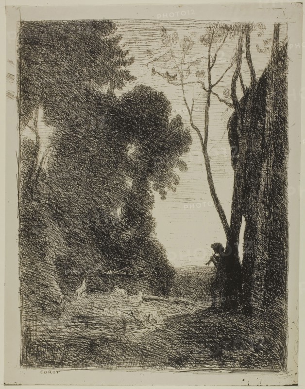 The Young Shepherd, second plate, c. 1855, Jean-Baptiste-Camille Corot, French, 1796-1875, France, Cliché-verre on ivory photographic paper, 333 × 253 mm (image), 365 × 282 mm (sheet)
