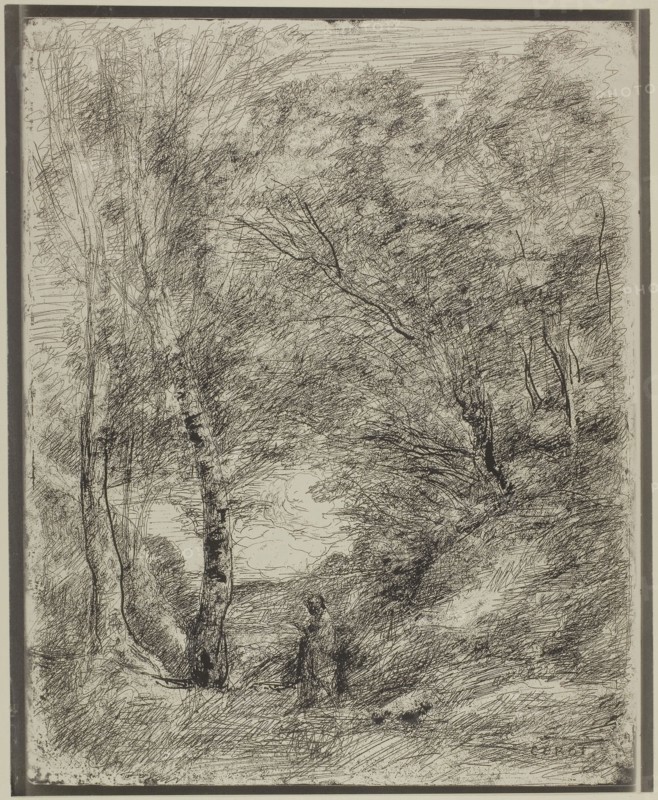 The Gardens of Horace, 1855, Jean-Baptiste-Camille Corot, French, 1796-1875, France, Cliché-verre on ivory photographic paper, 367 × 295 mm (image), 377 × 310 mm (sheet)