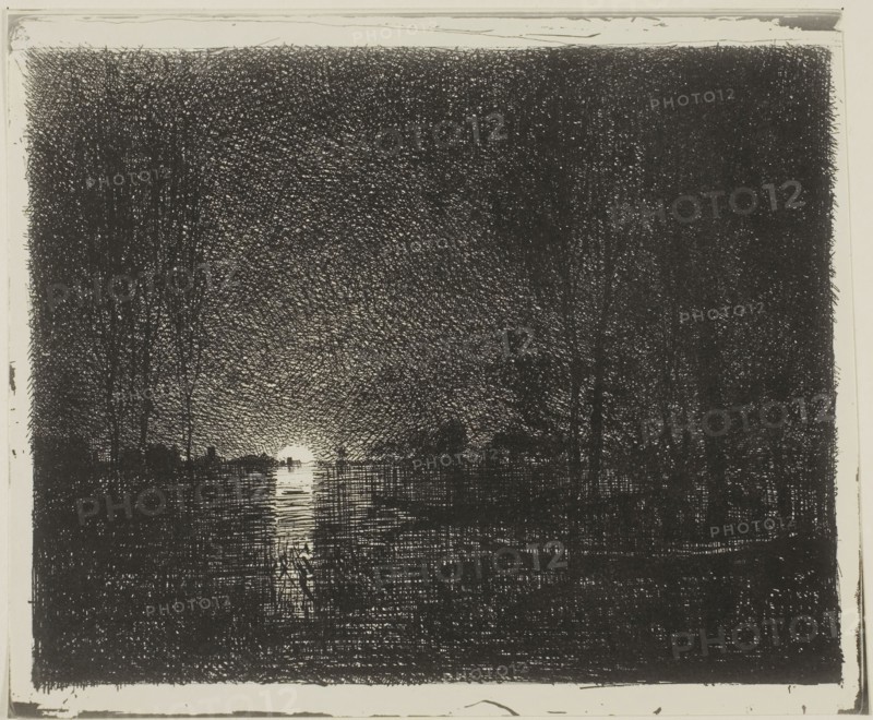 Night Effect, 1862, Charles François Daubigny, French, 1817-1878, France, Cliché-verre on ivory photographic paper, 151 × 191 mm (image), 169 × 203 mm (sheet)