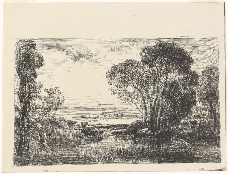 The Hydraulic Machine, 1862, Charles François Daubigny, French, 1817-1878, France, Cliché-verre on ivory photographic paper, 212 × 345 mm